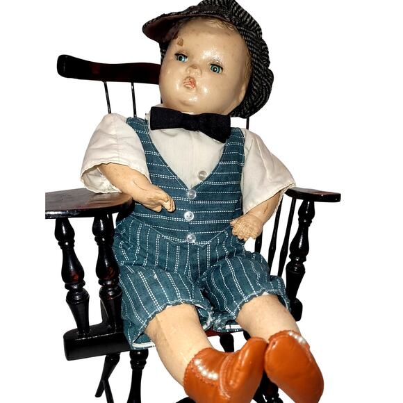 16" Vintage Charrning Composition Tin Eyes ~ Curly Molded Hair ~ School Boy Doll - Picture 4 of 14